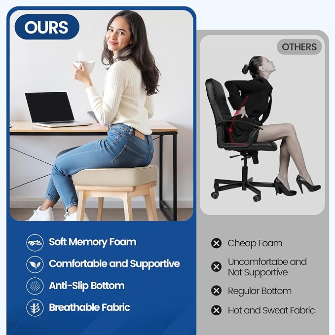 SweetSlubr Seat Cushion for Tailbone Pain Relief, Office Chair Cushion, Memory Foam Large Chair Pad with Non-Slip Cover for Soft Support at Office Chair, Car Seat, Airplane Beige/Large