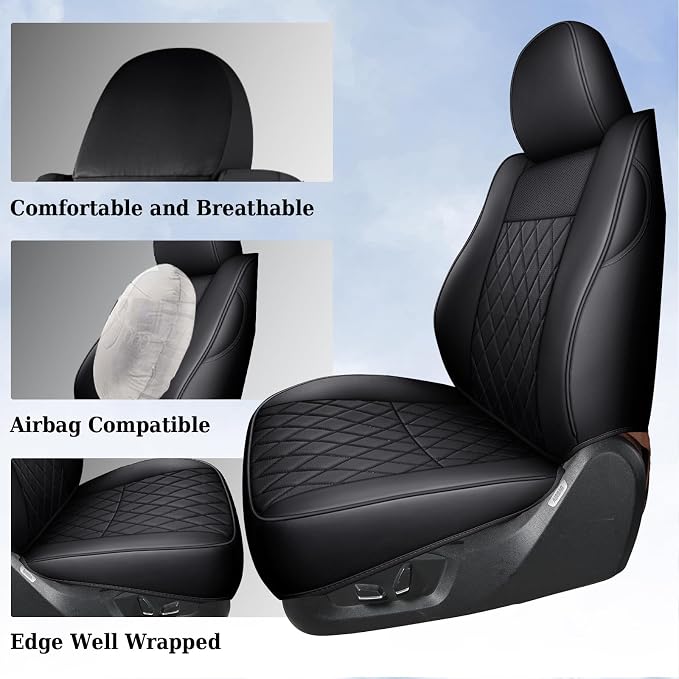 Coverado Tacoma Seat Covers Full Set, Faux Leather Seat Covers Custom Fit for 2005-2023 Toyota Tacoma Double/Crew Cab Base Prerunner SR5 Limited TRD Sport Interior Covers (Black)