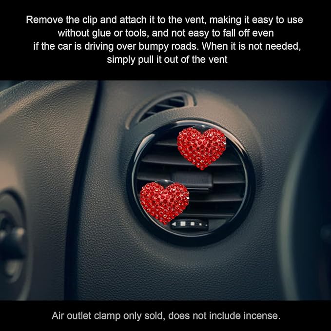 2Pcs Car Air Vent Clip, Bling Crystal Heart Charms Car Air Vent Clips, Air Conditioning Outlet Clip Decorative, Interior Decoration Accessories Universal for Women and Man (Red)