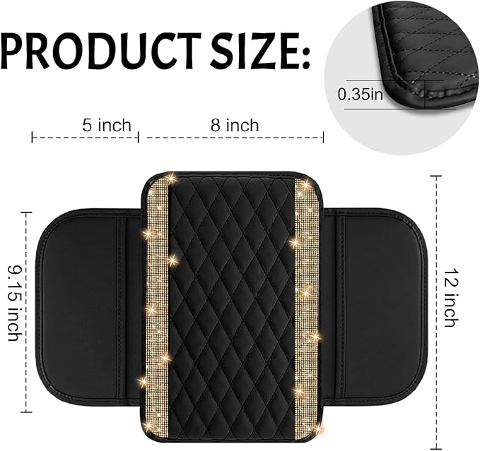 NBTEPEM Bling Car Center Console Cover, Leather Car Arm Rest Cover Cushion with 2 Storage Bags, Universal Auto Armrest Protector, Bling Accessories Interior for Most Vehicles(Champagne Diamond)