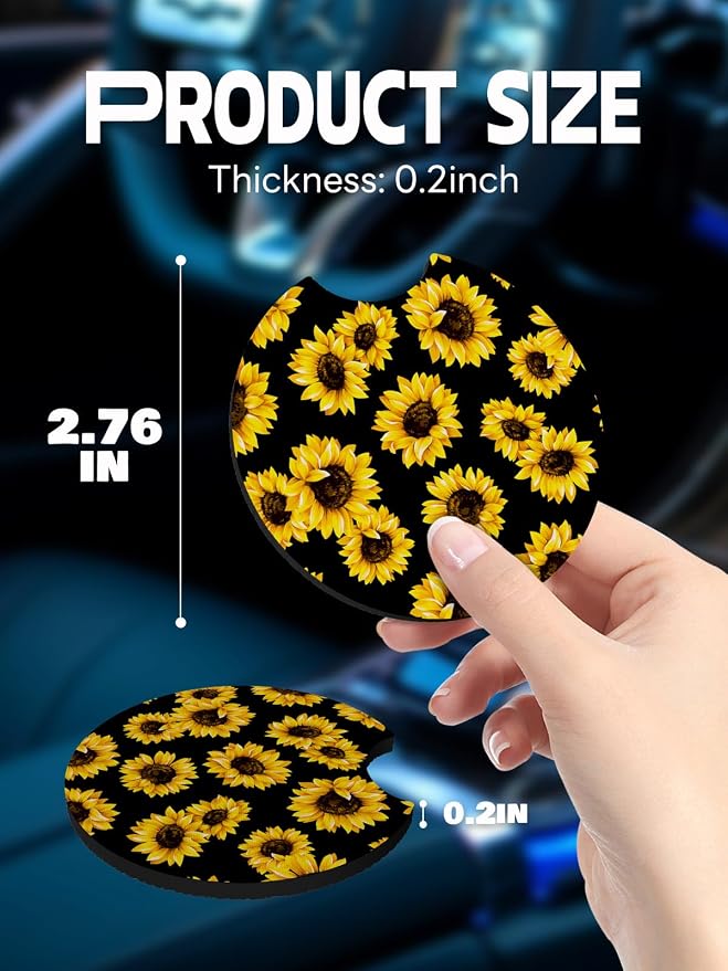 WOCOCN Car Coasters,Cup Holder Coasters for Car,2.75inch Anti Slip and Absorbent,Cute Automotive Interior Accessories for Cup Holder,Pack of 2 (Sun Flower)