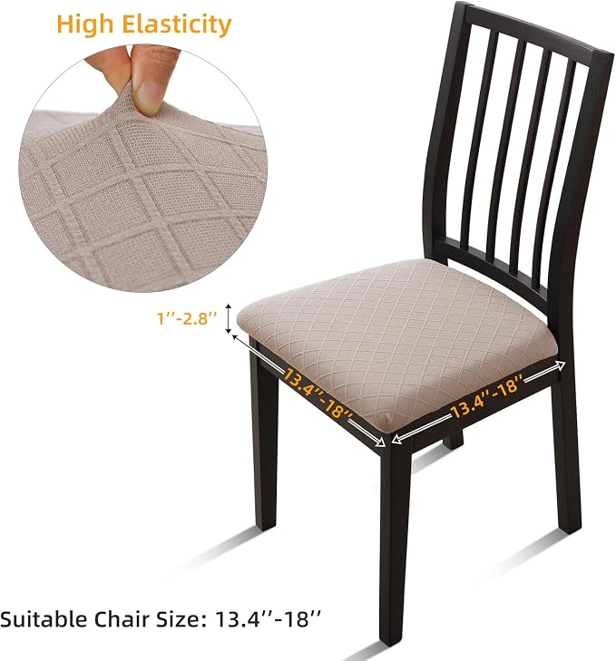 Fuloon Waterproof Seat Cushion Covers 4 PCS, Stretch Jacquard Chair Seat Covers Washable Dining Room Chair Slipcovers Removable Kitchen Cushion Protector (4, Waterproof-Khaki)