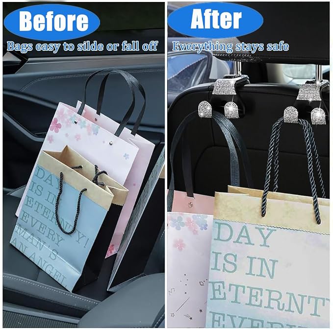 Bling Car Purse Hooks 2Pcs, Rhinestones Car Headrest Hook Backseat | Double Hooks,Holds 44Lbs,Wide Opening,Durable Nylon,Car Seat Hook,Purse Holder,Bling Car Accessories for Women,White