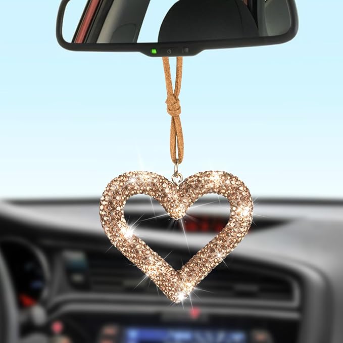Bling Heart Car Hanging Accessories, Car Accessories for Women, Bling Rear View Mirror, Universal Bling Heart Diamond Car Accessories for Cars, Trucks, SUVs (Golden)