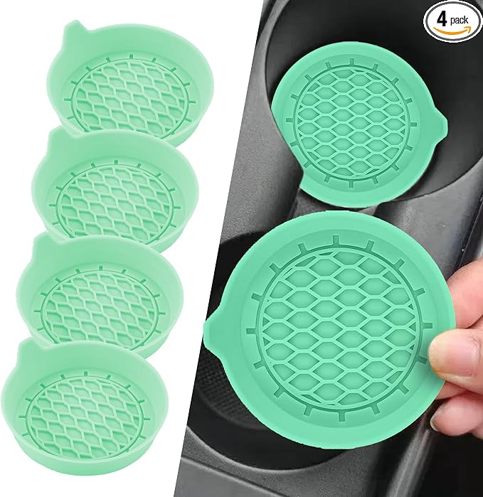 4PCS Car Cup Holder Coasters, Silicone Non-Slip Vehicle Cup Recessed Mats, Sift-Proof Automotive Interior Drink Insert Decor Accessories, Universal for SUV, Sedan, Truck (Green)