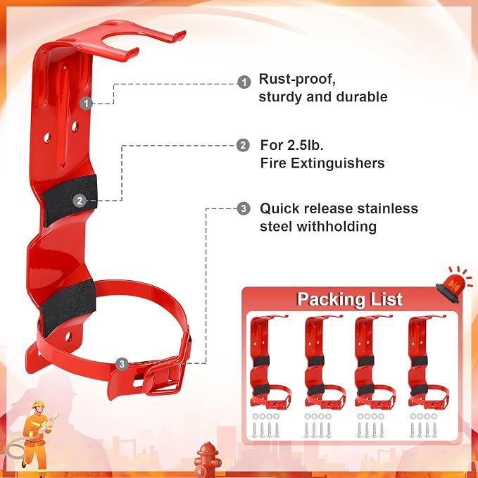 4Pack Fire Extinguisher Mount - 2.5LB Fire Extinguisher Bracket for Home Car Truck RV, Heavy Duty Fire Extinguisher Wall Mount Holder(Red)