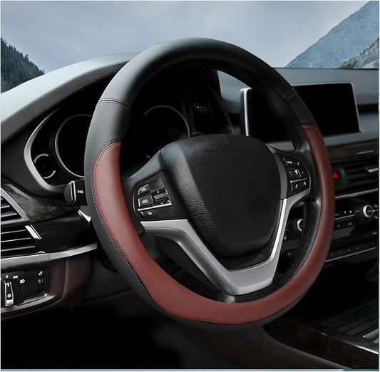 Leather Steering Wheel Cover, Anti-Slip Full Surround Car Wheel Protector with Comfortable Grip, Universal Elastic Decorative Cover Fit for 14 1/2-15 Inch Steering Wheels (Coffee)