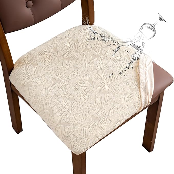 Waterproof Chair Seat Cover for Dining Room-Stretchy Washable Chair Seat Covers Set of 4-Kitchen Chair Seat Slipcovers Protector for Home Restaurant Banquet (Beige,Large)