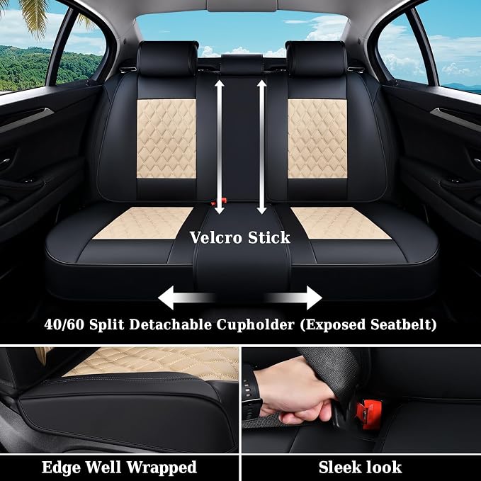 Coverado Universal Car Seat Covers Full Set, Durable Waterproof Faux Leather Front & Rear Seat Protectors, Classic Easy-Clean Interior for Most Vehicles – BlackBeige