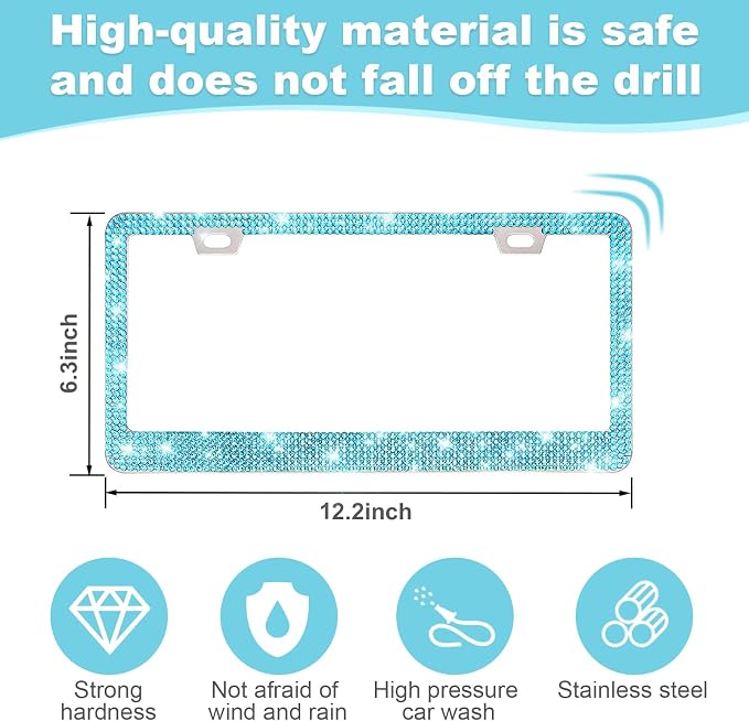 QUANQIUFEI 2 Pack Bling License Plate Frames for Women, Sparkly Rhinestone Diamond Car Accessories with Glitter Crystal Caps (Lake Blue)