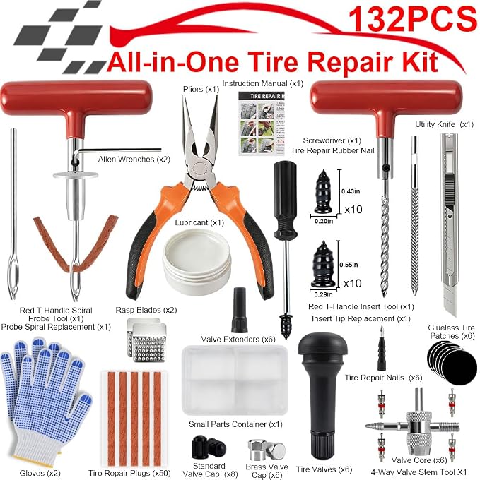 132Pcs Heavy Duty Tire Repair Kit, Professional Tire Plug Kits with Rubber Nails, 50Pcs Plugs, Fix a Flat Puncture Patch Tools for Motorcycle, Car,Truck, ATV, Auto, UTV & Lawn Mower(Tubeless)