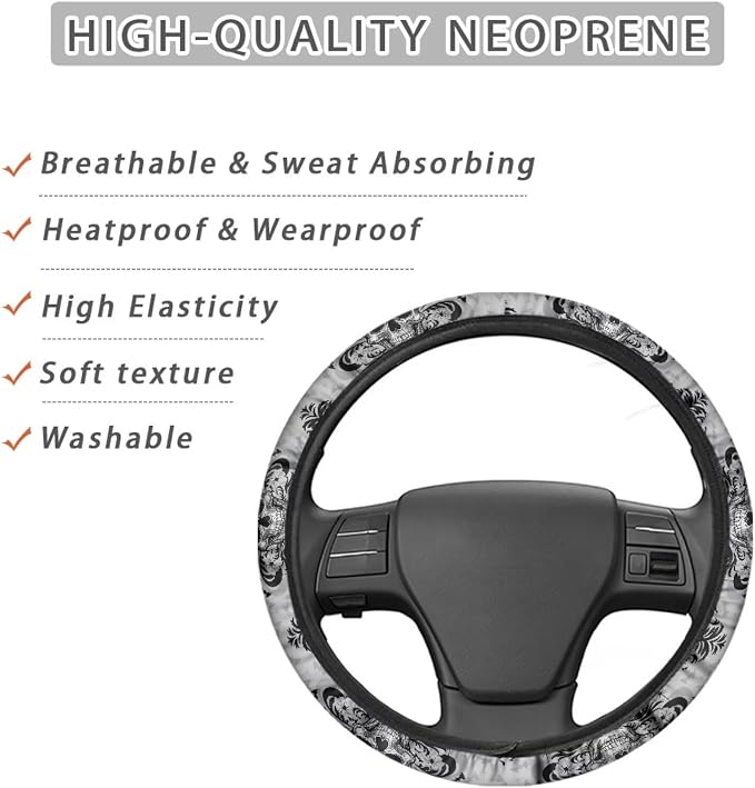 AFPANQZ Steering Wheel Protection for Automotive Steering Wheel Covers | Skull Floral Grey, 14-15 In, Sweat Absorption Comfort Grip for Driver Women Men