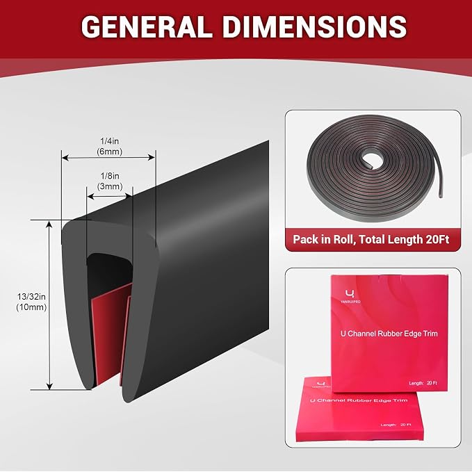 Rubber Edge Trim, 1/8"(3mm) Self Adhesive Flexible U Channel Edge Protecter for Sheet Metal, Glass, Flexiglass and Plywood, Fit for 7/64"-5/32" Width Edge, Black Color, 20Ft, EPDM Material