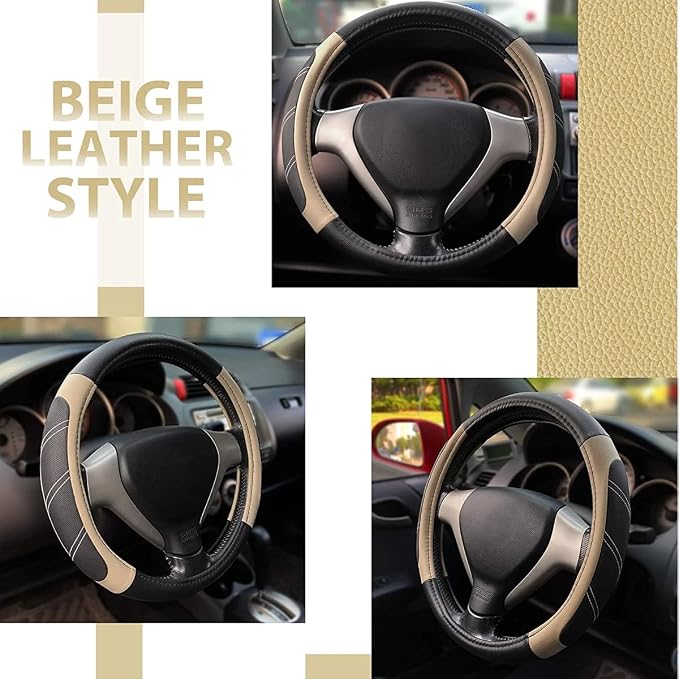 Car Steering Wheel Cover, 15 Inch Leather Breathable Auto Wheel Protection Cover with Non-Slip Lining, Padded Soft Grip Vehicle Steering Protector, Universal Fit (Black/Beige)