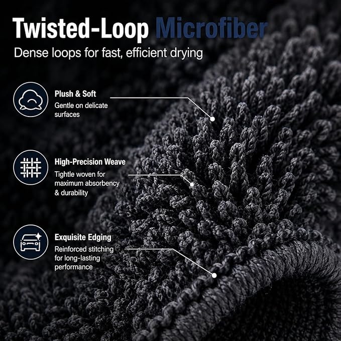 Twisted Loop Car Drying Towel, 28 x 36 in Extra Large Microfiber Auto Detailing Towel, Ultra Absorbent Lint-Free Scratch-Free Car Wash Towel for Paint, Glass, Mirrors & Trim