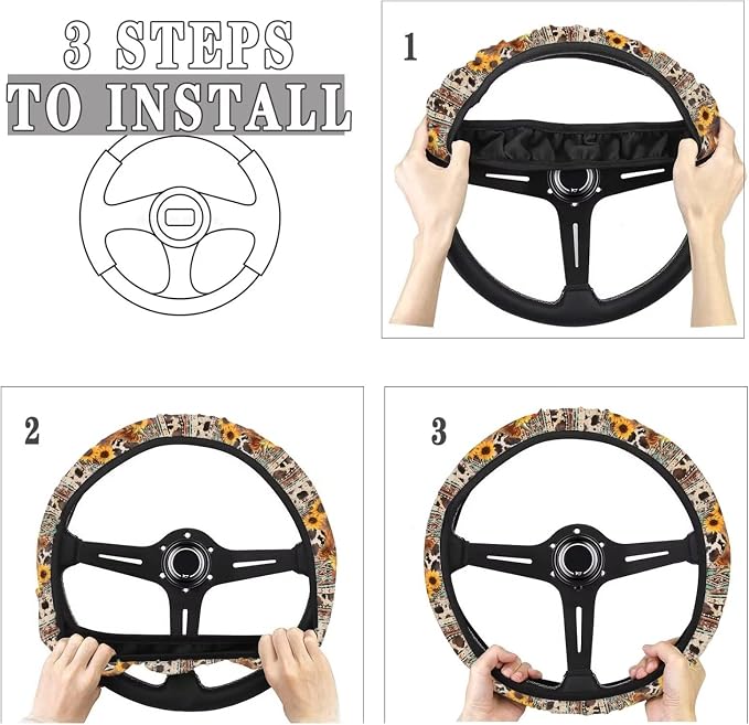 Wanyint Aztec Highland Cow Cowboy Sunflower Car Steering Wheel Cover Universal 15 Inch Auto Accessories Car Interior Decoration for Women Men Fit Cars SUV Sedan Vans Trucks
