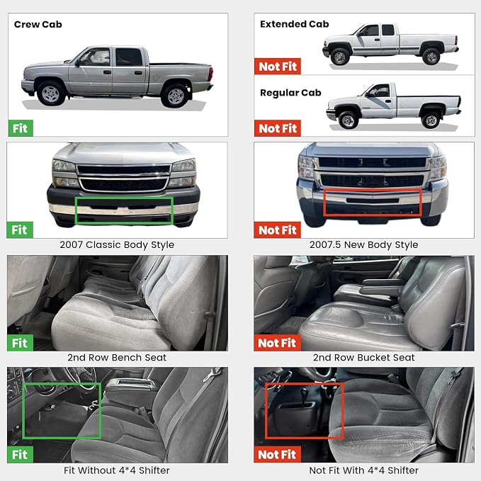 LASFIT Floor Mats for Chevy Silverado/GMC Sierra Crew Cab 1500 2500/2500HD 1999-2007, 3500HD 2001-2007(2007 Fit Classic Body Only), Suburban/Yukon XL/Escalade ESV (2nd Row Bench Seat Only) 2000-2006