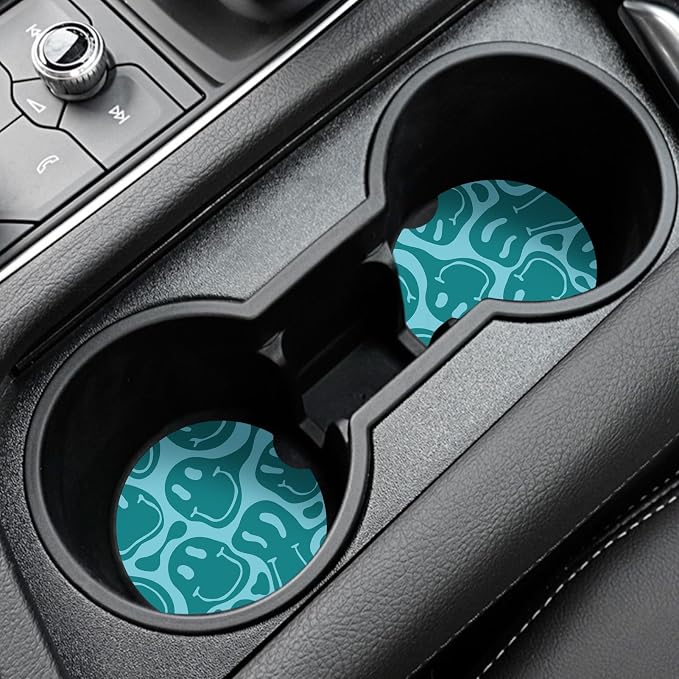 Car Coasters,Purple Smily Absorbent 2 Pack for Cup Holders with Finger Notch,2.56 inches Ceramics Heat Resistant Anti Slip Cork Base Car Drinks Coasters Auto Cup Holder(Blue-Green Smiley face)