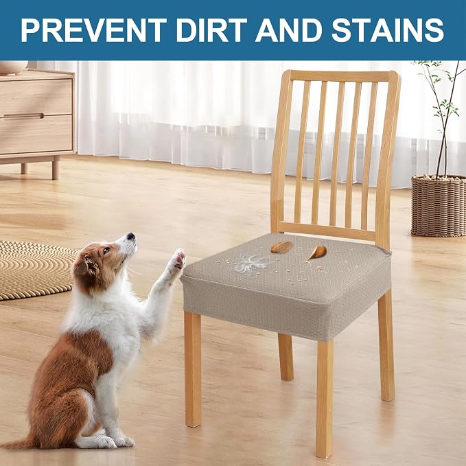 Smiry Waterproof Seat Covers for Dining Room Chairs Set of 4, Stretch Jacquard Removable Washable Chair Seat Slipcovers Protector, No Rear Covers, Taupe