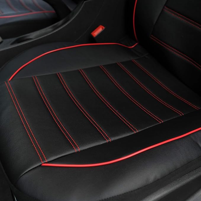TOYOUN Classic Universal PU Leather Car Front Seat Covers High Back Bucket Seat Cover - Fit Most Cars, Trucks, SUVS, Vans 2 PCS Red Trim Auto Seat Covers Set for All Seasons