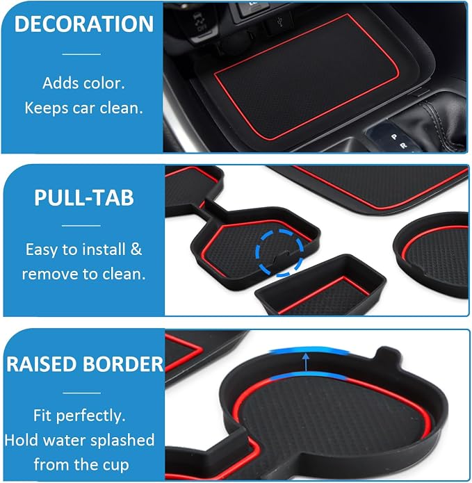 Auovo 3D Cup Holder Insert Liners Compatible with Toyota RAV4 Accessories 2025 2024 2023 2022 2021 2020 2019 Car Custom Cup Holder Mats Pads 4-pc Set (Red Trim)