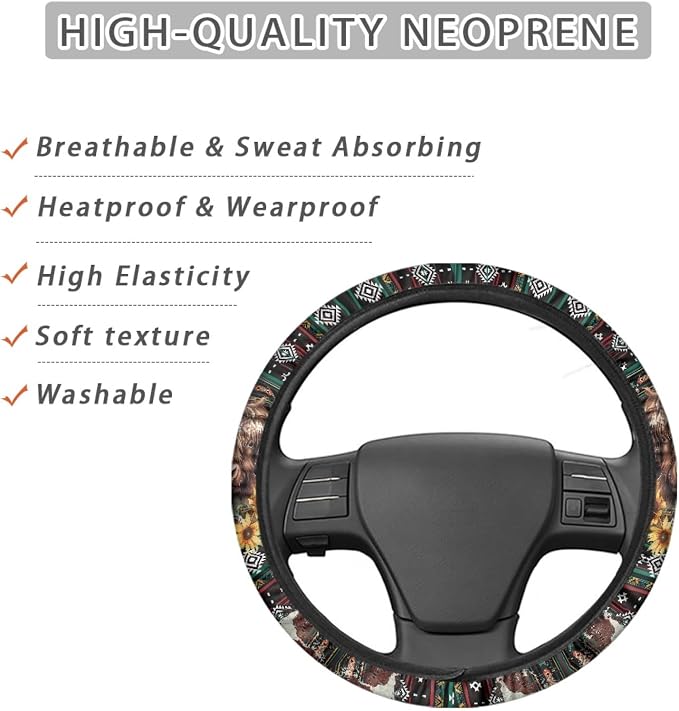 Wanyint Aztec Highland Cow Sunflower Car Steering Wheel Cover Universal 15 Inch Breathable Better Grip, Cute Car Accessories Decoration for Women Men