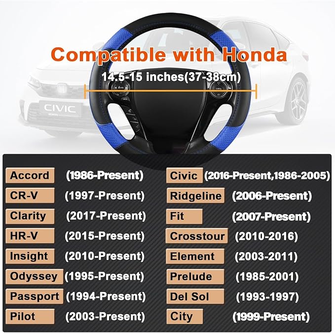 GIANT PANDA Microfiber Leather Steering Wheel Cover for Honda Accord,Civic,CR-V,HR-V,Pilot(Diamond-Pattern-Black+Blue-Standard Size)