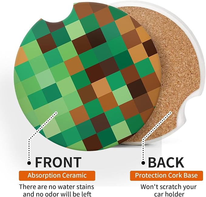 Green Brown Checkerd Car Coasters for Cup Holder Absorbent Ceramic Cup Coaster 2 Pack Anti Slip Car Interior Accessories with Finger Notch Cork Base for Women Men 2.56"