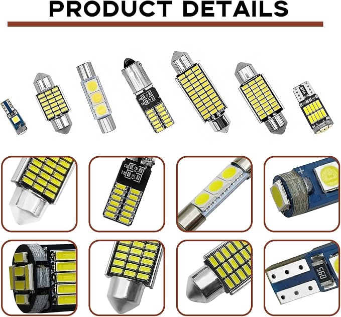 42 Pieces Car LED Dome Interior Light Kits, 28mm/31mm/36mm/41mm/BA9S/T5/T10 Bulb Kit, Car Dome Map Dash Door Trunk Indicator Light Cargo Door Courtesy License Plate (White)