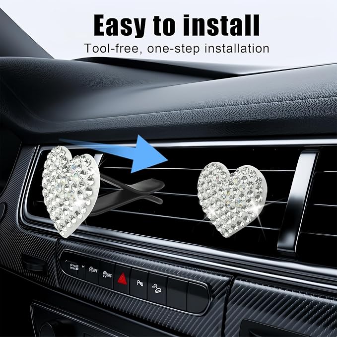 Bling Heart Rhinestone Air Vent Clips, 6 PCS Sparkling Crystal Heart Vent Clips Car Accessories Interior, Car Decorations for Women Girls Auto SUV (Silver)
