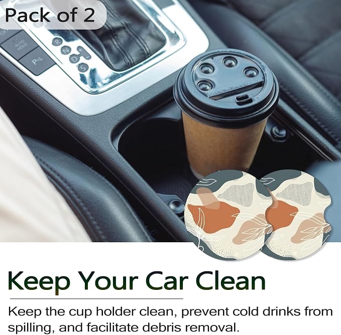Coasters for Cup Holders - Abstract Boho Desert Leaf | 2 Pack Anti Slip Universal Rubber Car Cup Coaster for Women Men, Car Interior Accessories