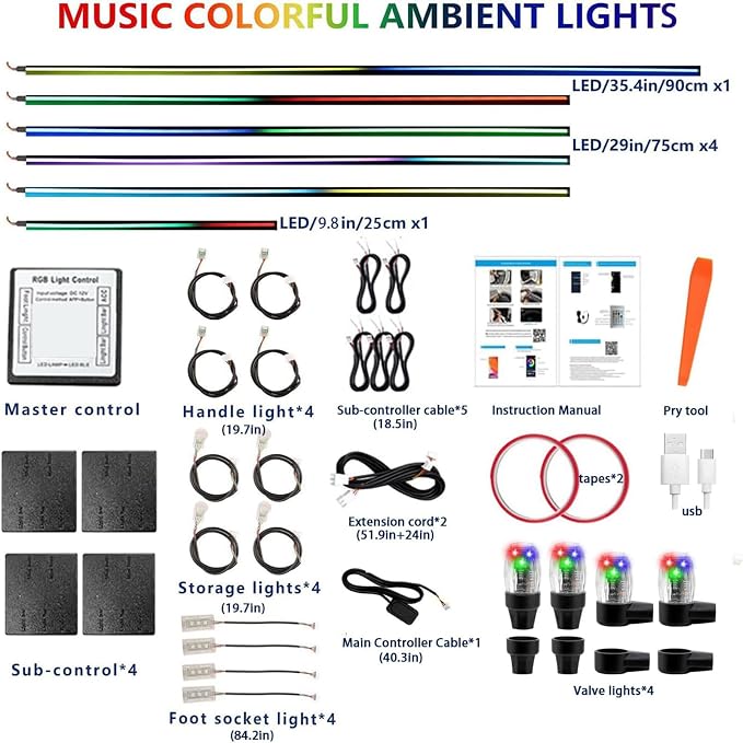 22In1 Car Interior LED Strip Lights Multicolor & 4Pcs Tire Valve Light, Ambient Lighting Strip Lights for Trucks, UTV, SUVs