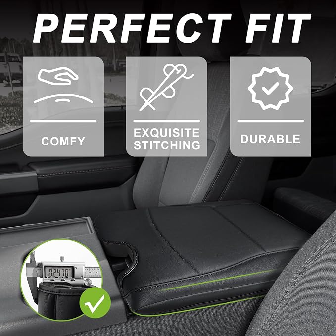 Muslogy Center Console Armrest Cover Fit for Ford F-150 F150 2015-2026 & F250 F350 F450 2017-2026 Accessories, Comfort Armrest Pad Console Lid Cushion Vegan Leather Regular Thick(Jump Seat ONLY)