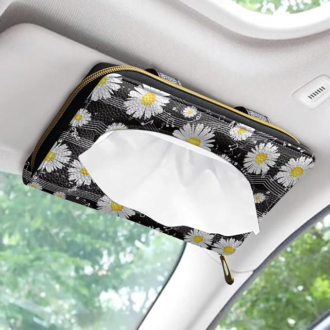 Daisy Notes Print Napkin Holder Daisy Notes PU Leather Car Tissue Holder Universal Car Interior Accessories for Trucks SUV Sedans