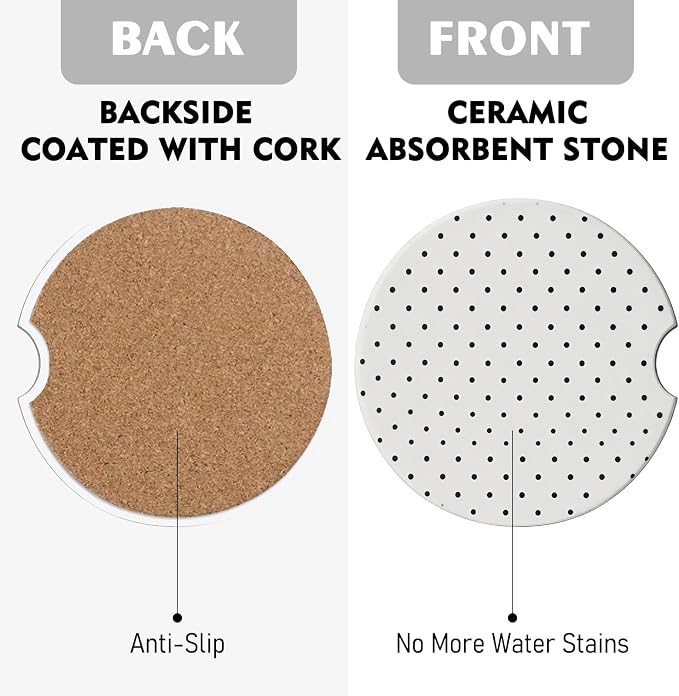 2 Pack Car Coasters for Cup Holders, Absorbent Ceramic Cup Coaster with Cork Base and Finger Notch, Cute Car Accessories Interior for Women Men