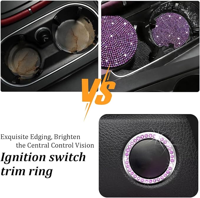 27PCS Bling Car Accessories Set for Women, 14.5-15" Crystal Rhinstone Steering Wheel Cover, License Plate Frame, USB Charger Phone Holder, Girly Auto Interior Decor Set, Universal Fit (Purple)