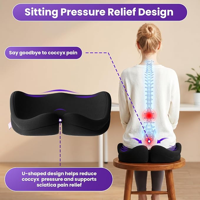 ZZ-WELL Seat Cushions for Office Chairs, Patented Pressure Relief Coccyx Cushion for Tailbone Pain, Memory Foam Butt Pillows for Wheelchair Car Sitting, Carrying Handle, Non-Slip (Black, Large)