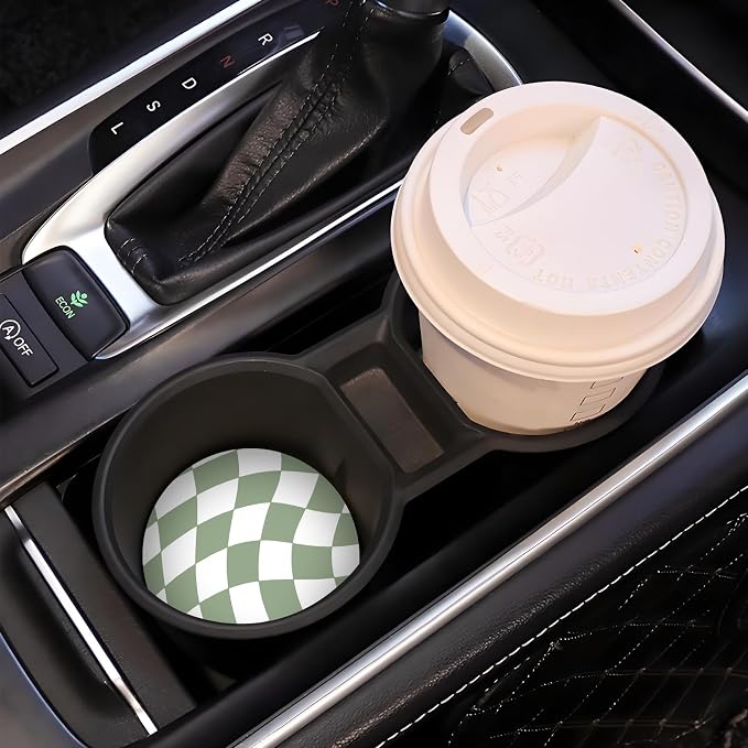 Wave Sage Green Checkerd Car Coasters for Cup Holder Absorbent Ceramic Cup Coaster 2 Pack Anti Slip Car Interior Accessories with Finger Notch Cork Base for Women Men 2.56"