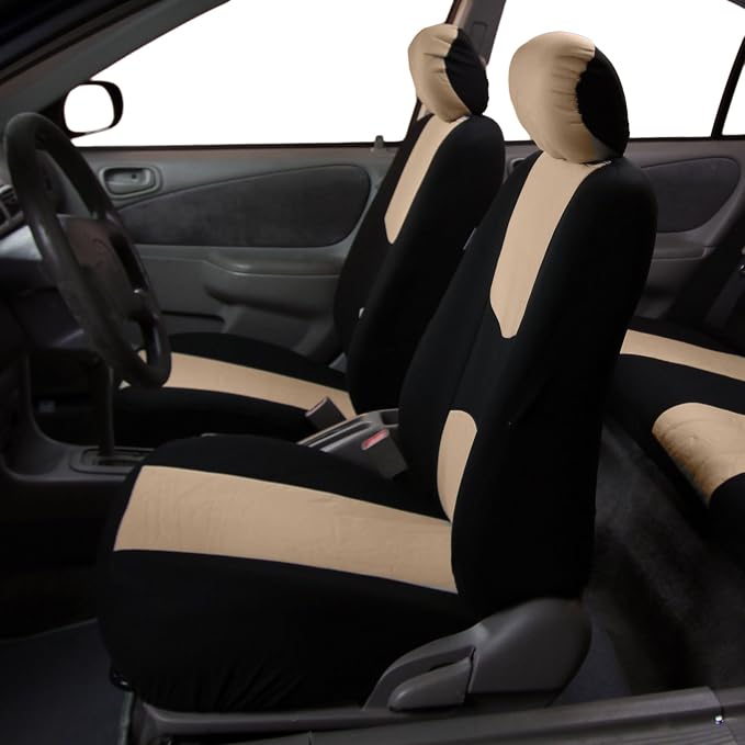 FH Group Car Seat Covers for SUV, Sedan, Van Beige Front Set in Cloth - Low Back Car Seats Covers with Removable Headrest, Universal Fit, Automotive , Washable