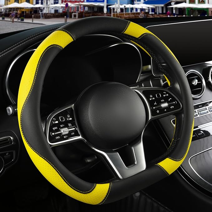 Black Yellow Microfiber Leather D Shaped Steering Wheel Cover | Breathable Anti Slip Grip Cool Sporty Look Glow for Women Men