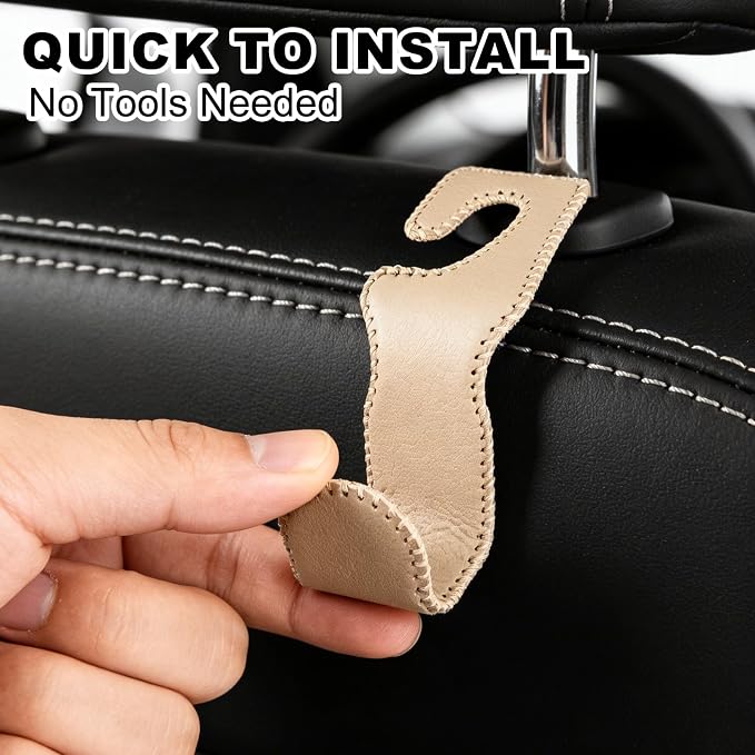 Car Seat Hooks for Purses and Bags, 2 Pack Car Purse Holder for Grocery Bag Handbag Clothes, Metal Headrest Hooks Covered by Leather, Beige