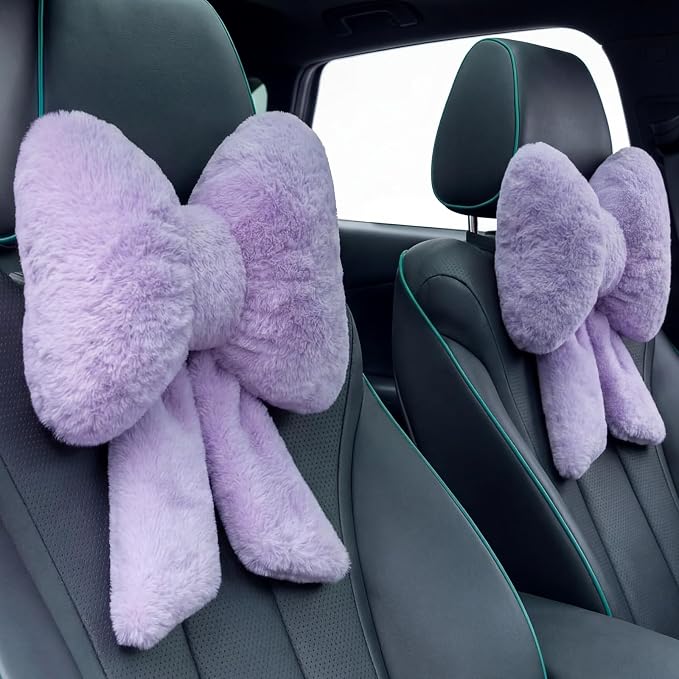 Macarrie 2 Pcs Purple Car Neck Pillow Plush Butterfly Bow Car Headrest Comfortable Pillow Seat Neck Support Cute Head Rest Accessories for Driving Travel Driver Chair Girl Interior Decor(Solid)