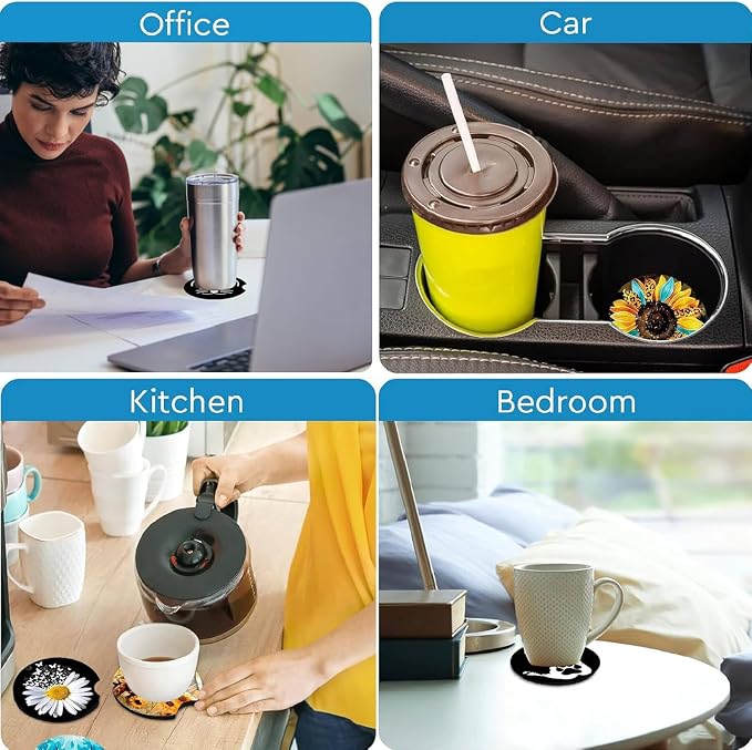 2Pcs Sunflower Butterfly Car Coasters,2.75" Neoprene Cup Holder Coasters | Universal Non‑Slip Mat, Drink Coaster Decor Auto Accessories Sunflowers Gifts for Women,Men,Mom