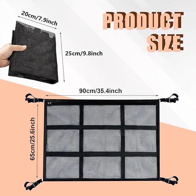 Car Ceiling Cargo Net,35.4″x 25.6″Adjustable Buckle Car Ceiling Storage,Double Layer Interior Roof Cargo Net,Roof Mesh Camping Overlanding Gear Must Haves CargoNet,Universal for SUV,Van,Trucks,RV