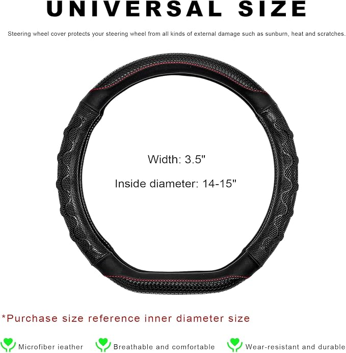 Car Steering Wheel Cover, Anti-Slip Breathable Steering Wheel Protector with 3D Honeycomb Design, Sporty Elastic Protective Cover for 14.5-15 Inch Flat Bottom Steering Wheels (Black)