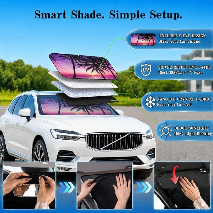 Car Windshield Sun Shade, Universal Fit Midsized Sedan SUV, Vacation Style | 63 x 31.5" Windshield Cover, Foldable Front Window Sunshade, UV Heat Protection