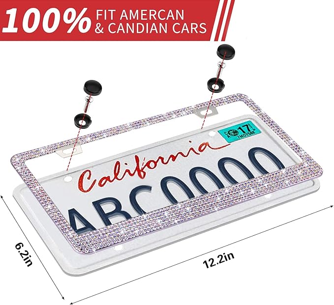 OKLPF Bling License Plate Frame for Women, 1PCS Sparkly Stainless Steel License Plate Frames| Over 1000 pcs 14 Facets Bedazzled Clear Glass Diamond Rhinestone Crystals w/Free Glitter White Diamond BOX