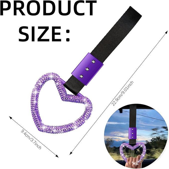 NBTEPEM Bling Heart Handle Ring Bling Car Accessories for Women Handle Strap Drift Charm Rear Bumper Warning Ring Decor Tsurikawa Heart for Car Interior Exterior Decoration (Purple, Heart Style)
