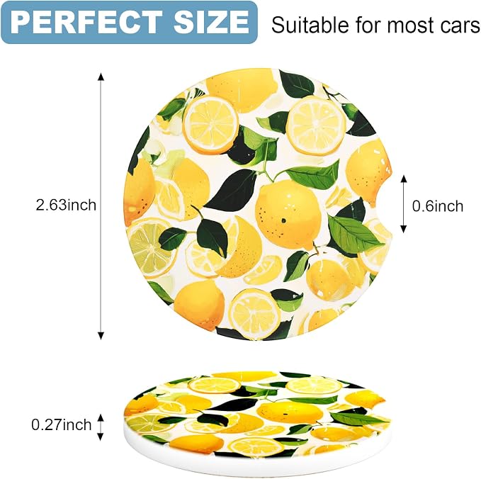2 Pack Car Cup Holder Coaster, 2.63 inch Anti Slip Insert Absorbent Ceramic Car Coaster with Cork Base and Finger Notch, Cute Car Accessories Interior for Women, Cute Car Coasters.