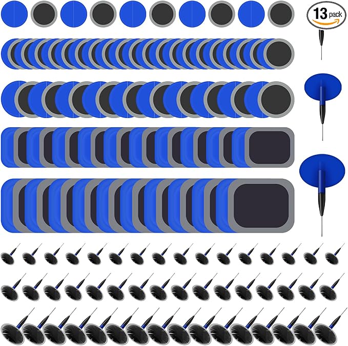 Tallew 13 Pcs Heavy Duty Tire Patches Kit Rubber Radial Tire Patch Plug Kit Emergency Tool for Puncture Car Truck Bus Tractor Vehicle Motorcycle 32mm, 42mm, 58mm, 65x80mm, 85x120 mm